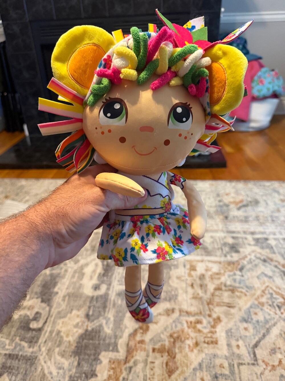 Colorful Fiesta Mexican Dancer Doll Plush Floral Dress Sombrero Ribbon Hair